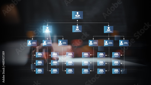 Organization chart with hierarchy structure of teams and employees in company. Business process and workflow automation with flowchart. Business and technology concept. 