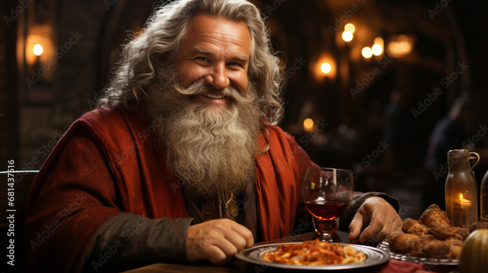 A bearded, corpulent, middle-aged man sits at the table with wine and a plate of sandwiches. Similarities with St. Nicholas