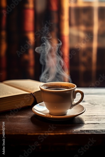 steamy mug of coffee placed on an oak table amidst books AI generated illustration