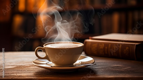 steamy mug of coffee placed on an oak table amidst books AI generated illustration
