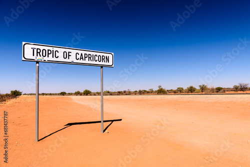 Road sign at the tropic of capricorn  on the road from Windhoek to Rehoboth, Namibia. photo