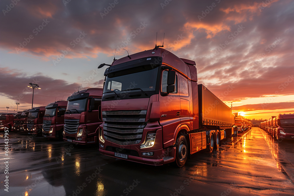 A row of semi trucks parked in a parking lot on sunset. Many trucks in panoramic image. A row of semi trucks parked in a parking lot on sunset. Many trucks in panoramic image.