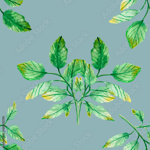 watercolor drawing  seamless pattern with green leaves and twigs
