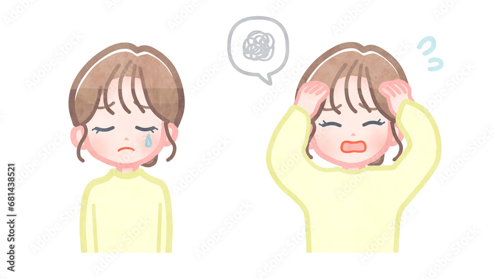 泣いている、困っている女性 イラストセット 泣いている、困っている女性 イラストセット