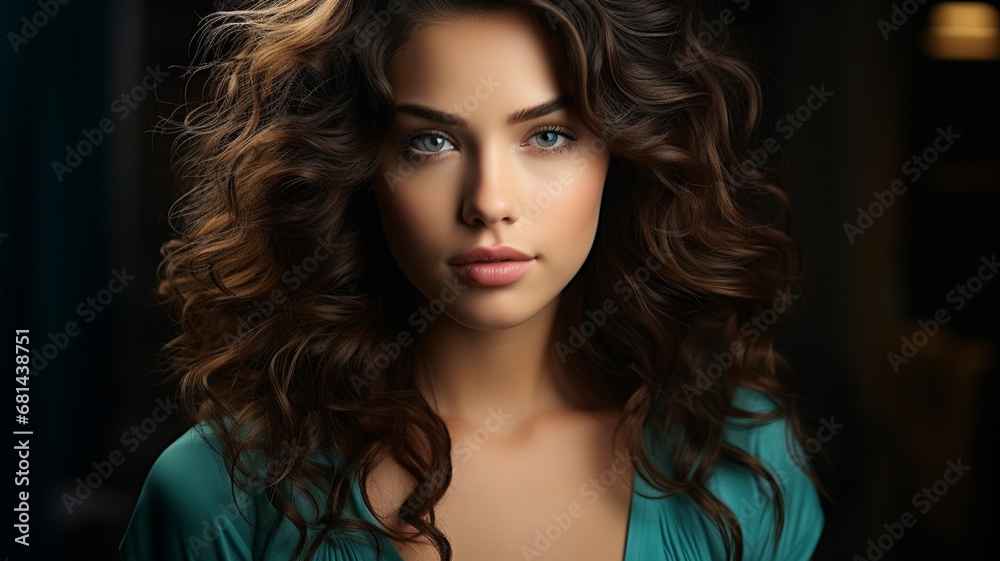 Fototapeta premium beautiful brunette girl with curly hair in a blue silk dress.