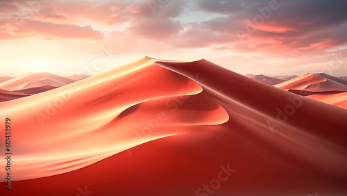 Sand dunes in the desert at sunset.