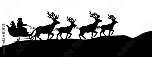 Santa Claus silhouette in sleigh with reindeers full of gifts on snowy landscape, snowscape in winter - Merry christmas and Happy new year decoration. Vector isolated on white background