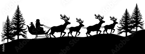 Santa Claus silhouette in sleigh with reindeers full of gifts on snowy landscape, snowscape forest in winter - Merry christmas and Happy new year decoration. Vector isolated on white background