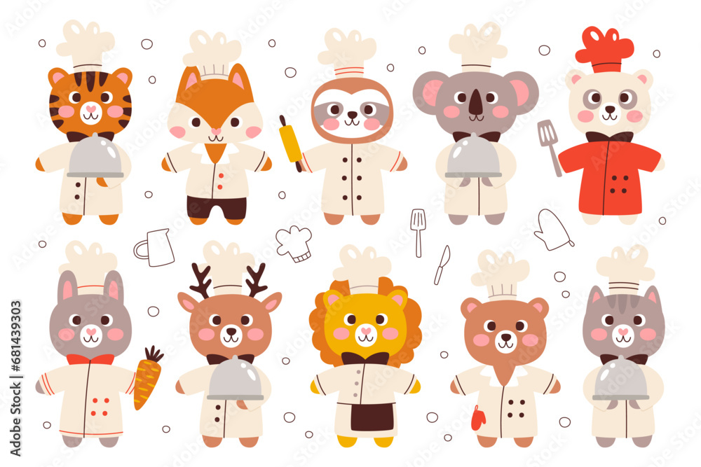 Cute animals master chef cook characters wearing uniform with kitchen utensils vector illustration