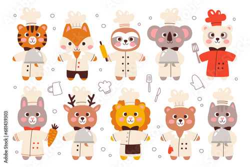 Cute animals master chef cook characters wearing uniform with kitchen utensils vector illustration