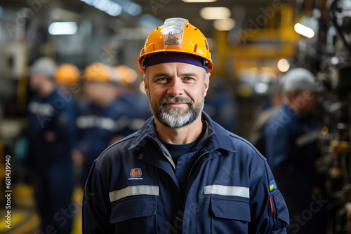 A man wearing a hard hat and safety gear work in factory.