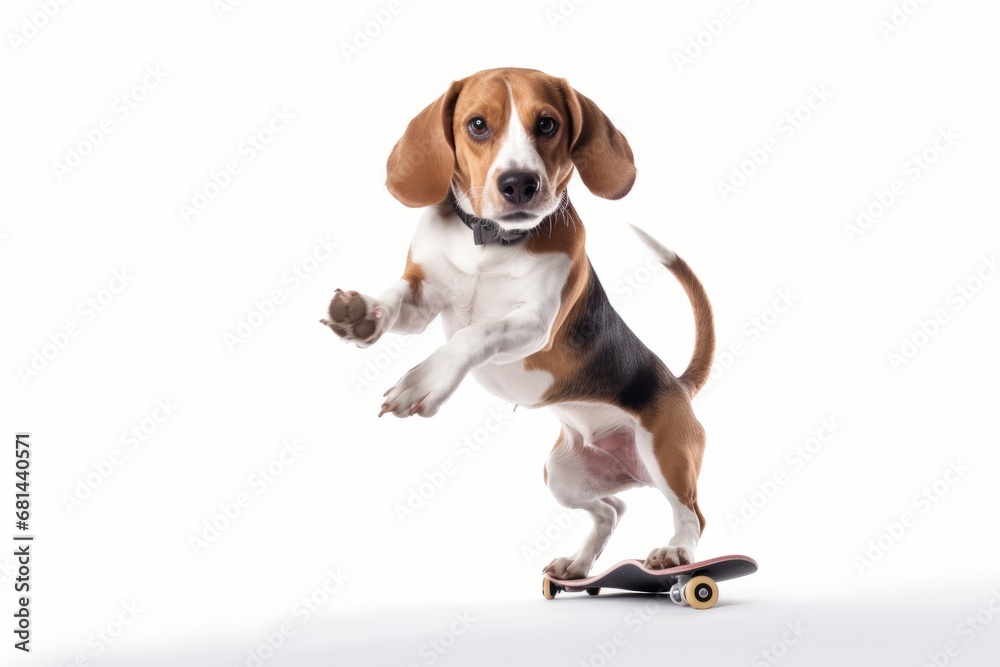 Funny active pet cute Beagle dog posing isolated on white. Skateboard