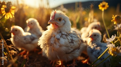 A hen with her chicks outdoors grazing in the sunshi photo