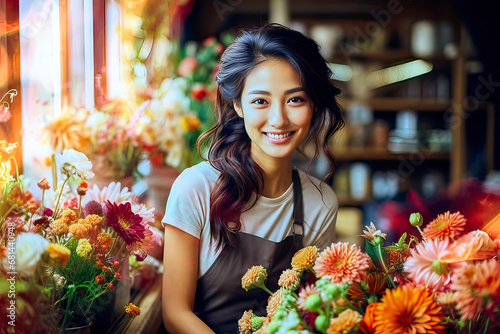 Smiling Asian saleswoman in a flower shop with a colorful bouquet of spring flowers for sale © Frank