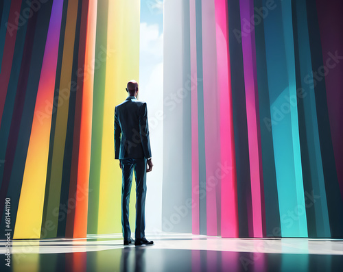Businessman Facing Colorful Abstract Panels. Illustration created with Generative AI