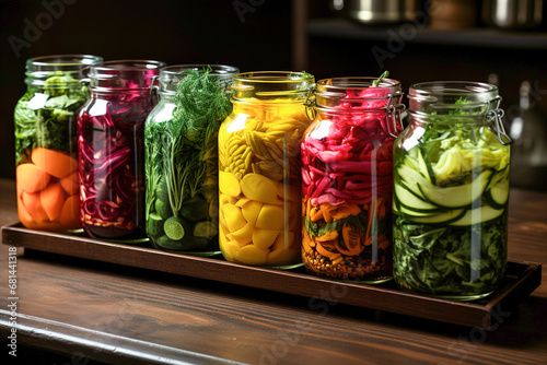 A row of mason jars filled with different types of canned vegetables.