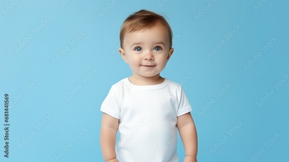 portrait of cute little boy in white t shirt, isolated on blue background portrait of cute little boy in white t shirt, isolated on blue background