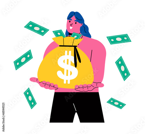 Business woman carrying a big heavy sack full of cash. Flat vector illustration isolated on white background