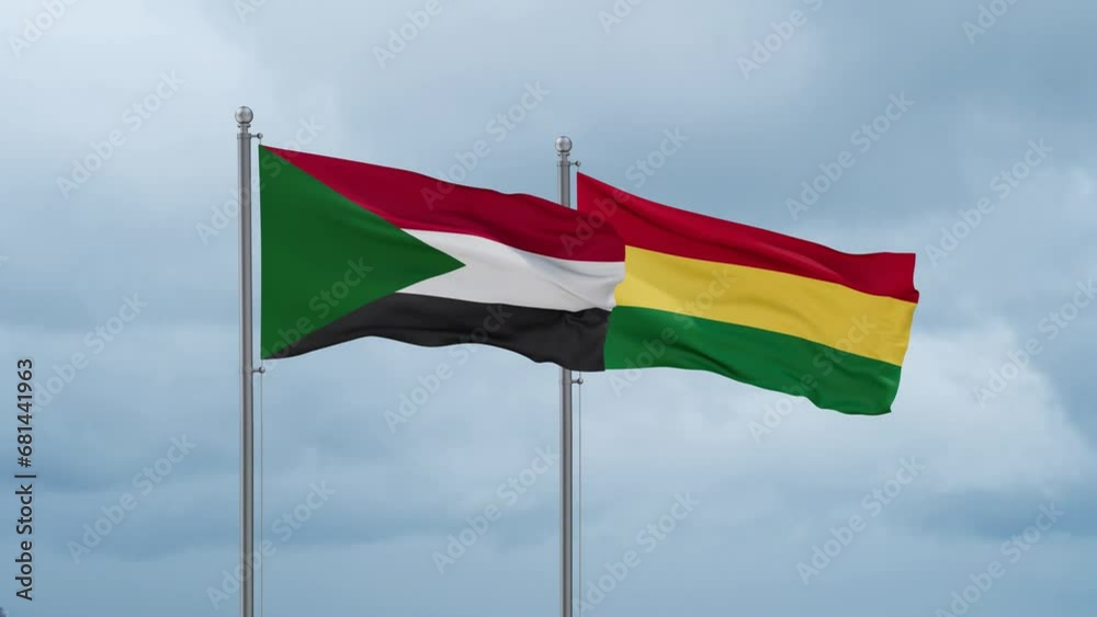 Bolivia flag and Sudan flag waving together on cloudy sky, endless seamless loop, two country relations concept Bolivia flag and Sudan flag waving together on cloudy sky, endless seamless loop, two country relations concept