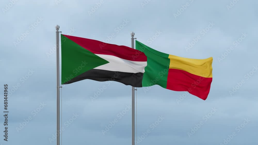 Sudan flag and Benin flag waving together on cloudy sky, endless seamless loop Sudan flag and Benin flag waving together on cloudy sky, endless seamless loop