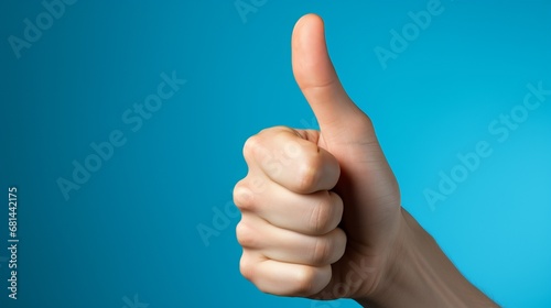 A hand giving a thumbs-up sign isolated on a blue