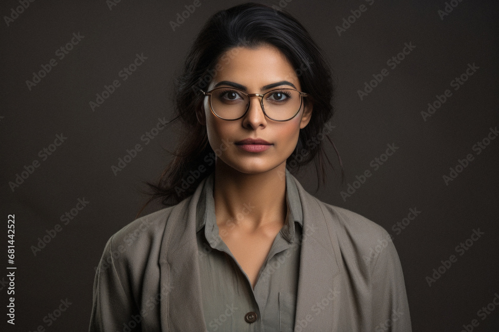 Portrait of a young indian businesswoman wearing glasses on a dark background.