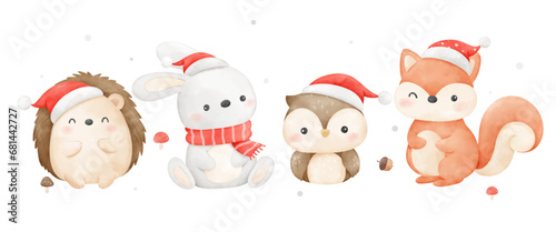 Woodland animal christmas uuny Owl Hedgehog Print for invitation card