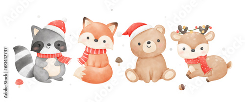 Cute woodland animal christmas Fox Bear Deer Print for invitation card Poster Template Banner Watercolor style