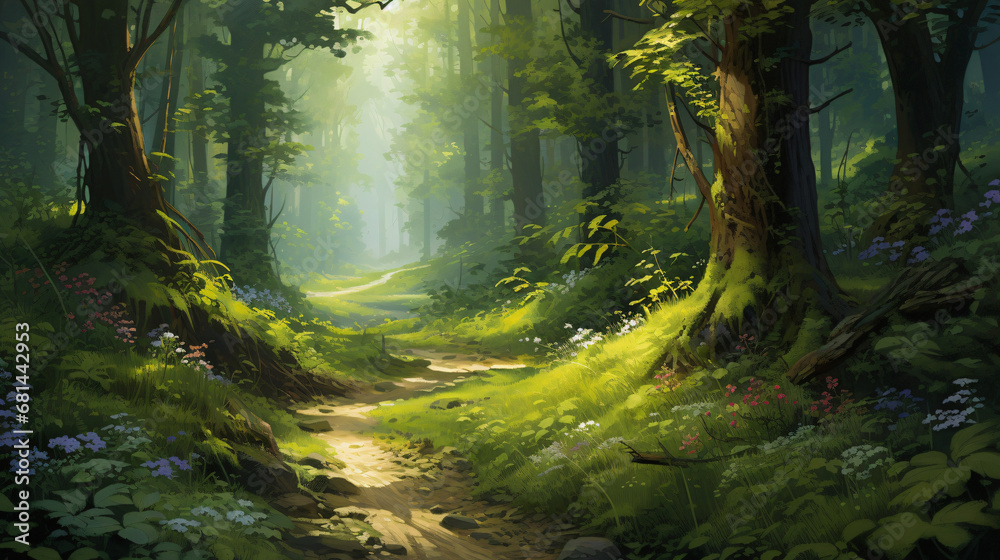 A beautiful painting depicting a path winding through