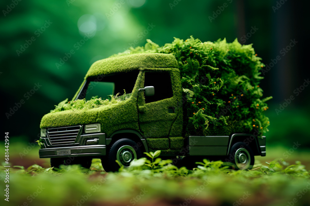 Obraz premium Green, ecofriendly transport concept - plants covered car.