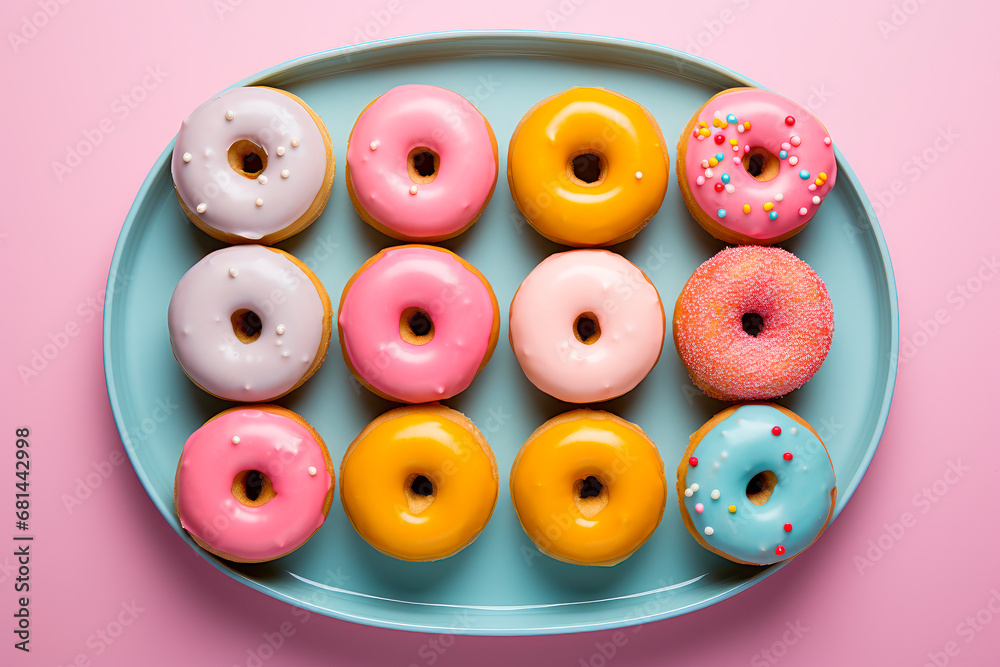 Plate with sweet donuts on pink background, top view. Plate with sweet donuts on pink background, top view.