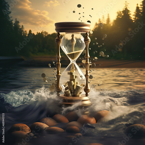 Time is Money Concept. Currency Confluence: Coin Streams Converging in the Hourglass Delta photo