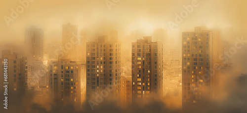 A city surrounded by three residential buildings with a fogfilled sky AI Generated
