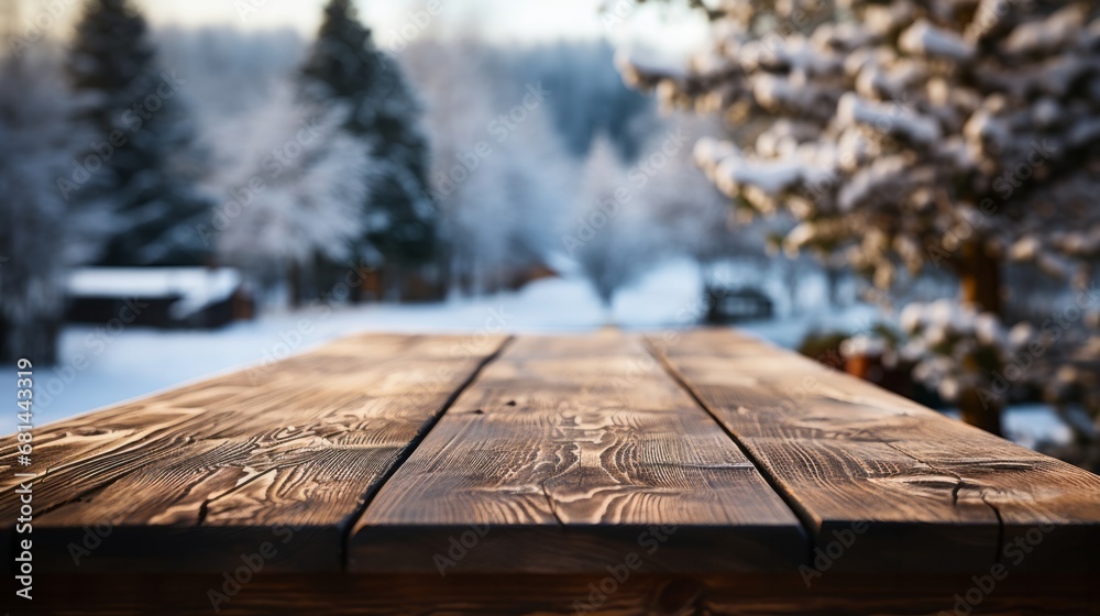 An empty wooden table with a blurred winter scene An empty wooden table with a blurred winter scene