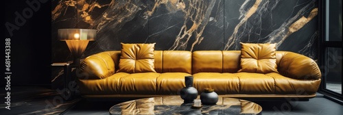 Modern living room with yellow sofa and black marble wall, panorama. Elegant Luxury Interior of Living Room of a Rich House.