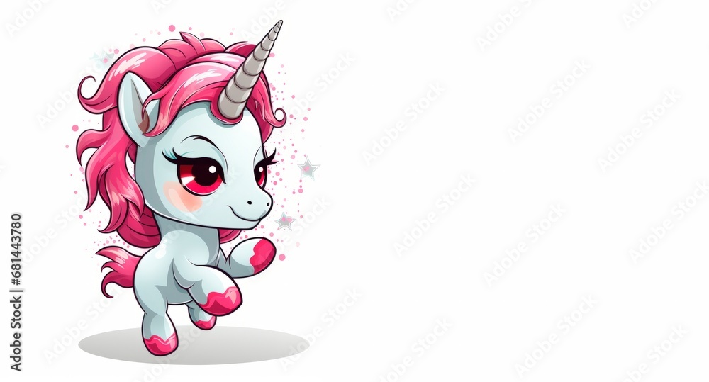 cute illustration cartoon of a happy unicorn with pink hair dancing, copy space for text, birthday card
