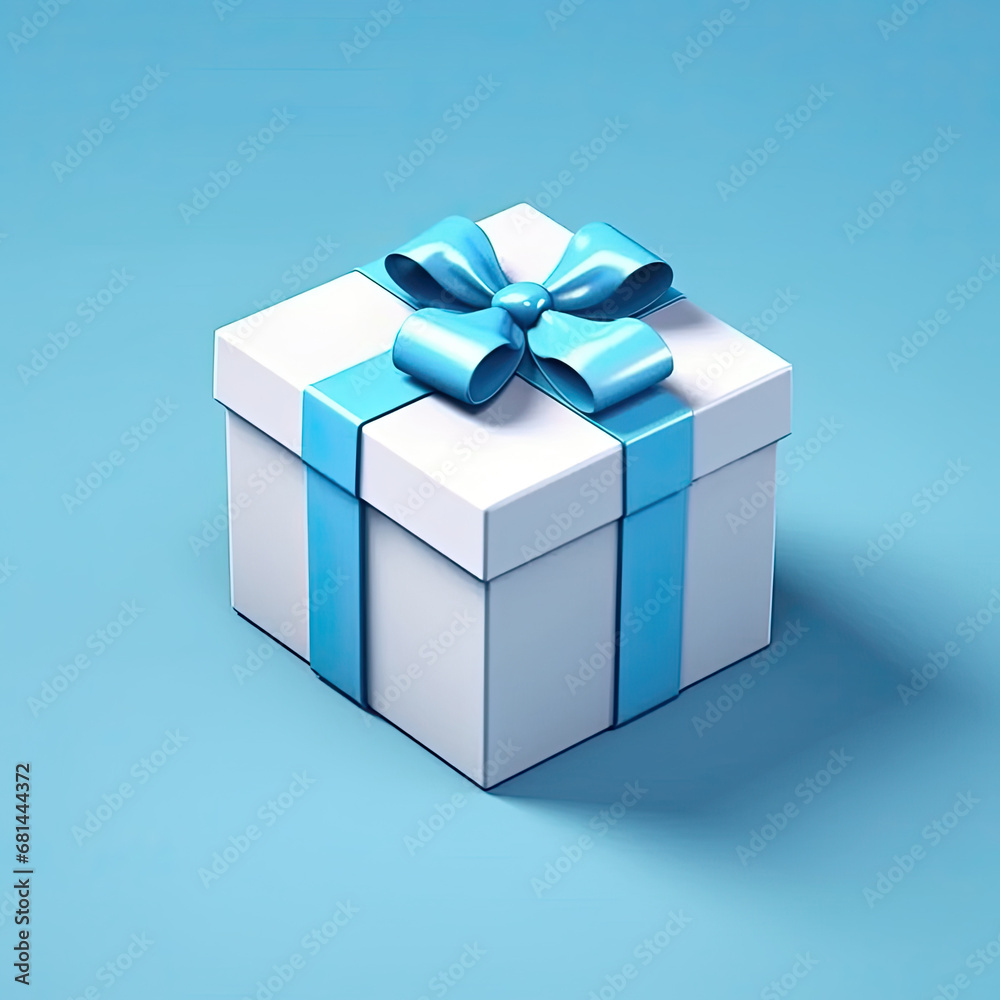 White closed gift box with blue ribbon and bow illustration on a light background. White closed gift box with blue ribbon and bow illustration on a light background.