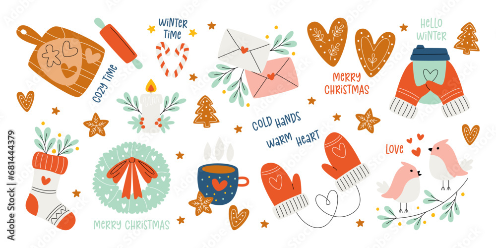 Romantic winter accessories set for greeting, walking and spending cozy time vector illustration Romantic winter accessories set for greeting, walking and spending cozy time vector illustration