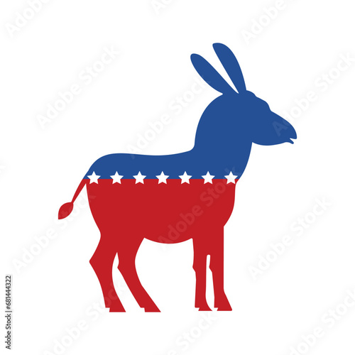 Donkey in american flag colors and stars, symbol of the democratic party in the USA.  Animal silhouette, political sign. Vector illustration isolated on white background	