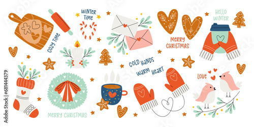 Romantic winter accessories set for greeting, walking and spending cozy time vector illustration