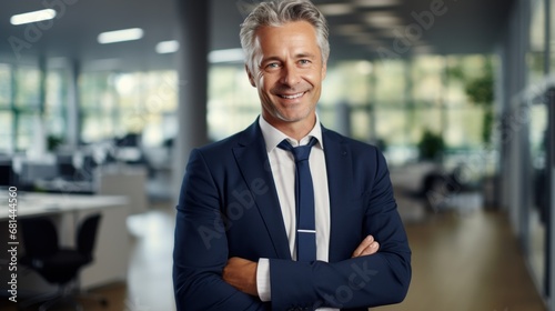 A man in a suit and tie standing with his arms crossed