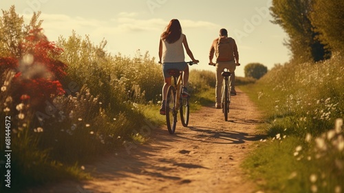 A couple of people riding bikes down a dirt road photo