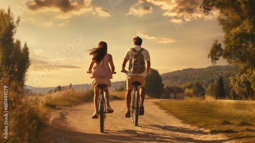 A man and a woman riding bikes down a dirt road