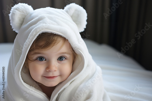 A little child wearing a white towel on top of a bed after bath.