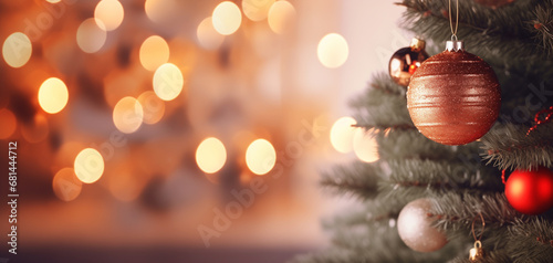 Christmas Tree With Baubles And Blurred Shiny Lights, stockphoto --ar 19:9 --v 5.2 
