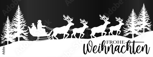 Frohe Weihnachten Grußkarte Banner Vektor - Weisser Scherenschnitt, Silhouette Weihnchtsmann, Schlitten, Rentieren, Wald, Schneelandschaft, Landschaft, isoliert auf schwarzem Nacht Himmel Hintergrund photo