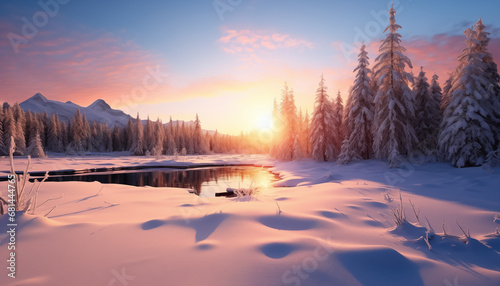 The serene beauty of an outdoor location blanketed in untouched snow during the sunset.