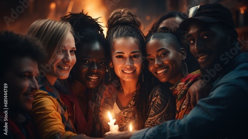 A group of people standing around a candle photo