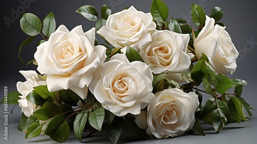A collection of white roses with lush green leaves