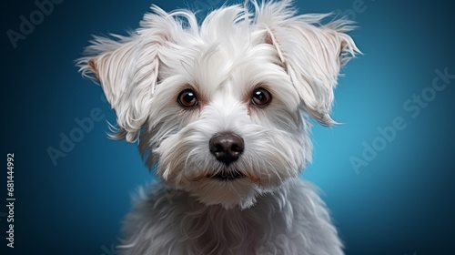 A curly Maltese-Poodle mix dog in a studio shot